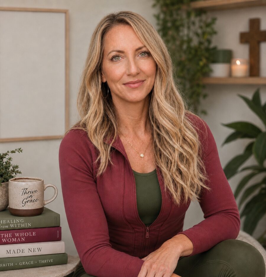 Lindy Grace, certified personal trainer and health coach, seated with books including Healing from Within and Made New, with a Thrive in Grace mug