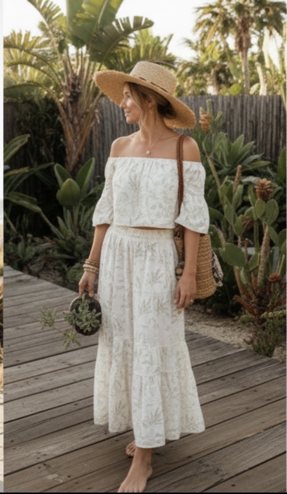 Lindy Grace in a boho floral set on a tropical boardwalk
